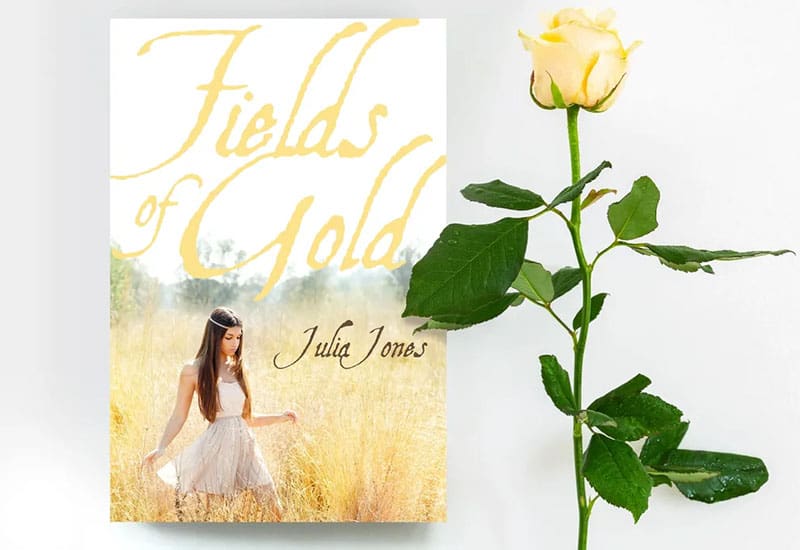 A book cover with a girl in white dress next to a rose.