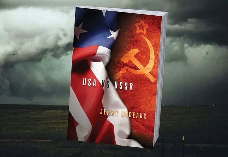 A book cover with an american flag and communist symbol.