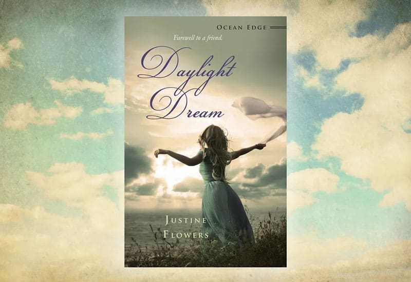 A book cover with a woman holding her arms out in front of the sky.