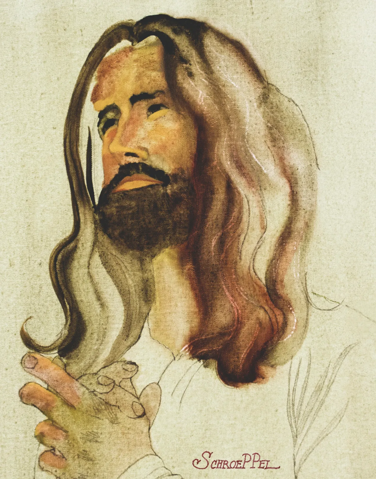 A painting of jesus holding his hands in prayer.