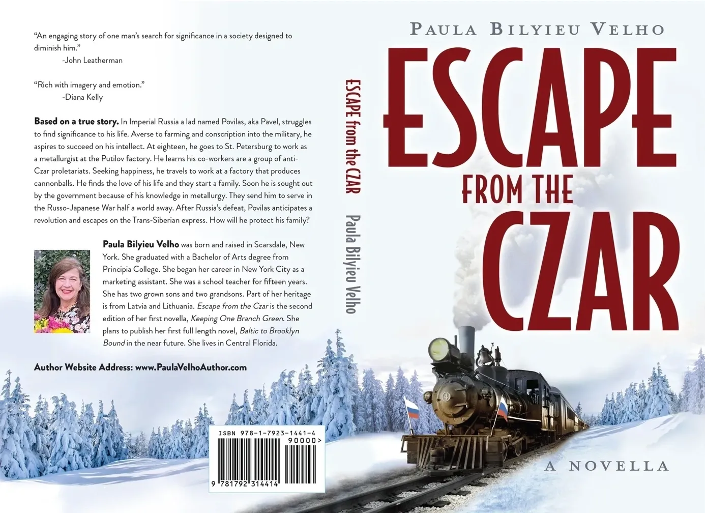 A book cover with train on tracks in the snow. Historical fiction cover by top book cover designers near me - Escape from the Czar