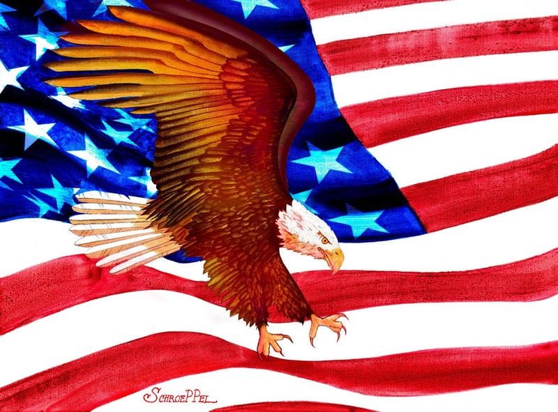 A painting of an eagle flying over the american flag.