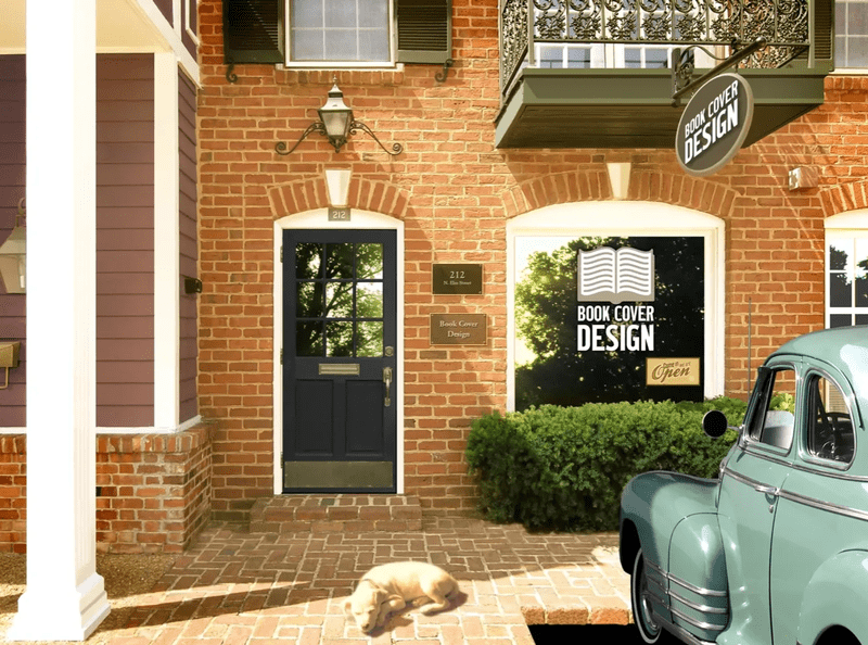 A dog laying on the ground outside of a building.