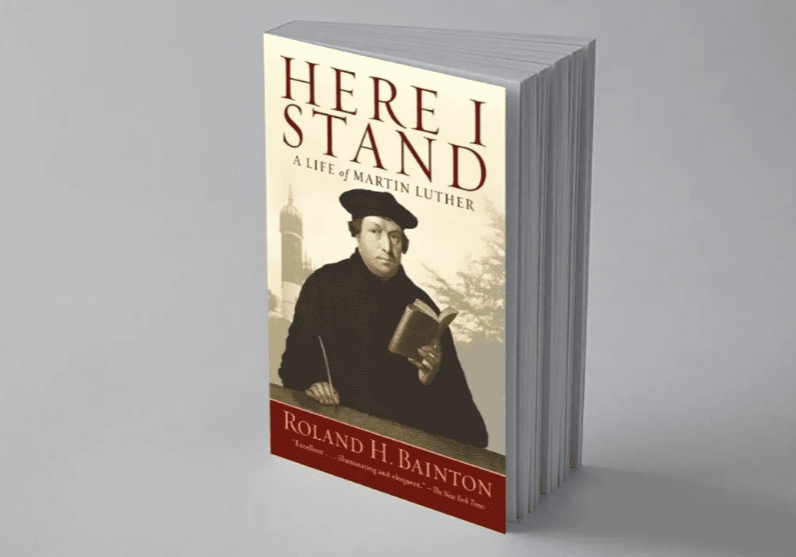 A book cover with an image of a man holding a book.