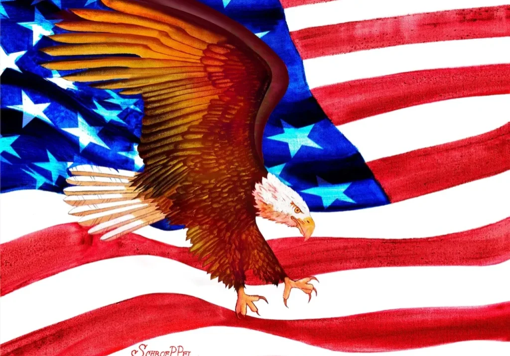 A painting of an eagle flying over the american flag.